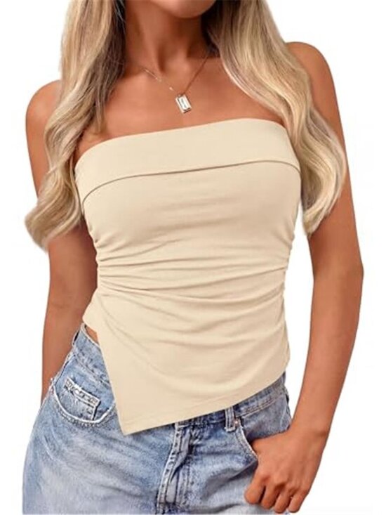 Tops - Women's Going Out Tube Top Strapless Fitted Bandeau Top Trendy Summer Shirt